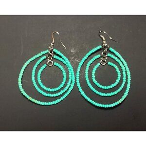 Handmade Turquoise Seed Bead Hoop Earrings with Silver Tone Findings Blue
